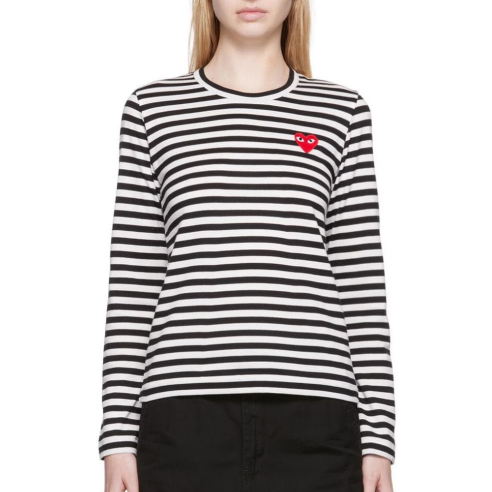Authentic COMME DES GARCONS Play Striped Long-Sleeve T-shirt - B&W - Medium